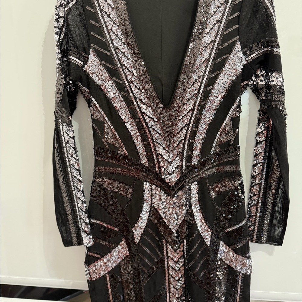 Express Black and Silver Sequin Long Sleeve Dress